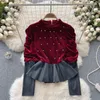 Women's T Shirts Ladies Bubble Sleeves Embedding Diamond Velvet Top For Autumn Fall Winter Vintage Chic Unique Spliced Lotus Leaf Shirt