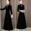 Casual Dresses Women Fall Winter Dress Solid Color Stand Collar Long Sleeve Hollow Out A-line Pullover Lady Party Evening Qipao