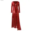 Grundläggande casual klänningar Robe Trapze Manches Longues et Col en V Profond Pour Femmes Robes Paillettes Fenders sur le ct Sexig dokument solid rouge yq240115