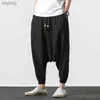 Men's Pants Men's wide leg pants tailcoat loose fitting solid color black jogging hip-hop street clothing linen cross 2022 YQ240115