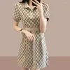 Casual Dresses Summer Korean Fashion Polo-Neck Printing Mini Dress Lady Short Sleeve Midje Trend Robe Women Slim Vestidos de Fiesta
