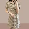 Casual Dresses Summer Korean Fashion Polo-neck Printing Mini Dress Lady Short Sleeve Waist Trend Robe Women Slim Vestidos De Fiesta