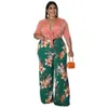 Wmstar Plus Size 2 Piece Outfit Summer Solid Bandage Crop Top Print Wide Leg Pants Matching Set Wholesale Drop 240115