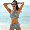 Roupa de banho vintage mandala arte biquíni funky pintado medalhão corte alto moda roupa de banho surf duas peças adolescente