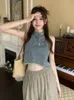 Denim Tank Women's Vintage Design Fashionable and Simple Sleeveless Full Matching Casual Aging Summer Sexy Sweetheart Solid Fashion Crop Top 240115