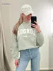 Moda mujer sudaderas tops otoño vintage descolorido letras lavadas manga larga cuello redondo jersey streetwear 240115