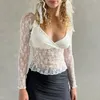 Blouses Femmes Femmes Dentelle See-Through Tops Floral Col V Chemise À Manches Longues Club Automne Printemps Élégant Streetwear Esthétique Vêtements Pull