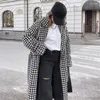 Women's Trench Coats Houndstooth Print Long Coat High Street Elegant Double Breasted Black White Plaid Outerwear Fall Winter