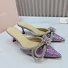 MACH Fashionable Slippers Women 6.5CM Low Heel Sequin Water Diamond Bow Decorative Sandals Pointed Toe Classic Elegant Luxury Designer Slipper