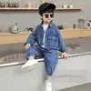 Mode Jungen Denim Cargo Kleidung Sets Kinder Revers Langarm Jacke elastische Rippe Ankers Jeans 2 Stück 2024 Frühling Kinder Casual Cowboy Outfits Z6719