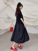 Party Dresses Patchwork Pleated Black Vintage for Women Korean Fashion Kort ärm Loose Casual Summer Long Dress Clothing 2024