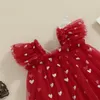 Flicka klänningar spädbarn baby valentin s dag romer tutu klänning ärm hjärttryck tyll mesh jumpsuit set med båge pannband