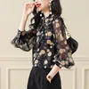 Blusas femininas 2024 verão babados gola manga longa camisa senhoras solto casual floral impresso cardigan topo blusa moda coreana