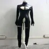 Moda feminina trajes catsuit pvc couro falso sexy meninas cor preta macacão busto aberto e crotchless volta zíper216r