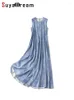 Повседневные платья SuyaDream, женское длинное пляжное платье без рукавов из натурального шелка с принтом, весна-лето 2024, синяя одежда