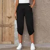 Pantaloni da donna Matita casual Primavera Estate Semplice elastico in vita Bottoni Tasca Pantaloni neri Pantaloni da indossare ogni giorno con polsini arrotolati