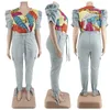5XL Plus Size Womens Sets Denim Street Two Piece Set Puff Sleeve Patchwork Print Top and Jeans Matching Suit Wholesale Items 240115