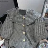 Kadın Ceketler Tasarım Kawaii Gömlek Peter Pan Yakası Kısa Kollu Ekose Düğme Dekorasyon Bluzları Yaz Tiki Stili Sevimli 2000'ler Kız Giyim YQ240115