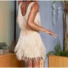 Sexy borla lantejoulas pena mini vestido feminino cinta de espaguete costura vestidos feminino elegante festa à noite clube 240115