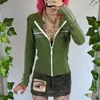 Xingqing randig tröja 2000 -tal estetiska kvinnor zip upp långa ärm toppar med huva y2k grunge coat green hoodie streetwear 240115