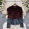 Women's T Shirts Ladies Bubble Sleeves Embedding Diamond Velvet Top For Autumn Fall Winter Vintage Chic Unique Spliced Lotus Leaf Shirt