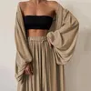 Women's Two Piece Pants 3 Pcs/Set Chic Big Sleeve Deep Crotch Tube Top Coat Set Elastic Waist Women Suit Solid Color For Adult