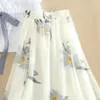 작업 드레스 zoci 흰색 셔츠 플로럴 롱 드레스 2 조각 정장 여름 높이 허리 A- 라인 스커트 세트 한국 패션 학교 캐주얼 의류