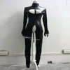 Moda donna Catsuit Costumi PVC Ecopelle ragazze sexy tuta di colore nero busto aperto e retro senza cavallo Zipper290s