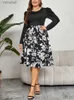 Basic Casual Dresses Robe imprim floral pour femme grande tailLE rond manches bouffantes patchwork lacets ligne A dcontract bureau travail midi automne YQ240115