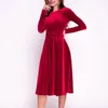 Casual Jurken Elegante Effen Kleur Fluwelen Jurk Dames Ronde Hals Lange Mouw Avond Getailleerde Vlinderdas Geplooide Jurk