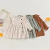 Flicka klänningar bomullslinne baby flickor klänning hösten avslappnad solid långärmad besättning nackknappar a-line för barn spädbarn kläder