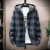 Mens Winter Plaid tröja Huven Cardigan Cold Coat Wool Zipper Jacket Autumn Fleece Warm Clothered Knit Jumper 240115