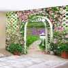 Tapisserie esthétique, clôture de fleurs de printemps, mur de plantes roses, fenêtre de jardin, paysage naturel, décoration de la maison