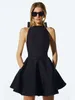 Casual Dresses Sexig Bow Up Halter Backless Mini Dress Women Svart ärmlös Hög midja A-Line 2024 Ladies Elegant Party Clubwear