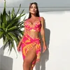 Maillots de bain pour femmes Élégant rétro imprimé bikini trois pièces ensemble taille haute maillot de bain sexy avec jupe de couverture pour les vacances à la plage de printemps