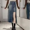 Saias longas jeans mulheres simples denim chique primavera verão básico casual bandagem split elegante cintura alta