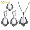 Ajojewel – ensemble de bijoux rétro en opale blanche pour femmes, collier et boucles d'oreilles, strass noir, Design floral, pierre goutte d'eau et bague