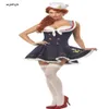 WHWH femmes Halloween Sexy nautique marine marin Pin Up rayure Cosplay Costume Mini robe déguisement avec chapeau taille M XL266Z