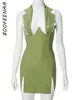 Vestidos casuais boofeenaa halter backless fenda vestido verde pu couro bodycon mini sexy night club outfits para roupas femininas C85-DZ18