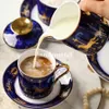 Роскошный кофейный сервиз "Карусель" в золотистой каемке синего цвета Чашки и блюдца из костяного фарфора Фарфоровый чайный сервиз 15 шт. Керамический набор посуды 270I