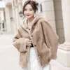 Manteau en cuir et laine imitation vison pour femme, vêtement d'extérieur court, épais, chaud et décontracté, Simple, couleur unie, 2024