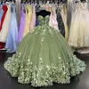 Платья Зеленое платье Quinceanera с открытыми плечами и аппликациями 3D цветы Принцесса Sweet 16 Бальное платье