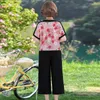 Women's Two Piece Pants Summer Women 2 Set Rose Flower Print Short Sleeve Top And Wide Leg Two-Piece Suit Casual Loose Clothing 5XL