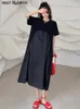 Party Dresses Patchwork Pleated Black Vintage for Women Korean Fashion Kort ärm Loose Casual Summer Long Dress Clothing 2024