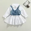 Mode enfants bébé fille vêtements couleur unie à manches longues chemise robe Denim perles gilet 2 pièces tenues vêtements 240113