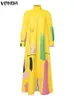 基本的なカジュアルドレスvonda-robe bohme col roul pour femme imprime longueur au sol d't d contracte longues lanterne maxi vestido 2023 yq240115