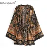 Mulheres Swimwear Boho Queens Vintage Chic Mulheres Floral Imprimir Manga Bat Beach Bohemian Kimono Vestidos Senhoras V Pescoço Verão Bikini Robe