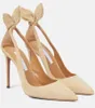 Aquazzura Bow Sandal Women High Heel Deneuve Bow Tie Pumpar 105mm Suede Leather Pumpar Thin Heel Pointy Toe Lady Wedding Party Dress Shoes With Box 35-43EU