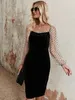 Hepburn Style Black Dress 2024 Spring and Autumn U Collar Long Sleeve Garn Mesh Polka Dot Splicing Canary A-line kjol Medium LE 240115