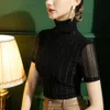 Chemise à col haut en maille pour femmes, coupe cintrée avec rayures en soie brillante, manches courtes, T-shirt noir Sexy, nouvelle collection automne